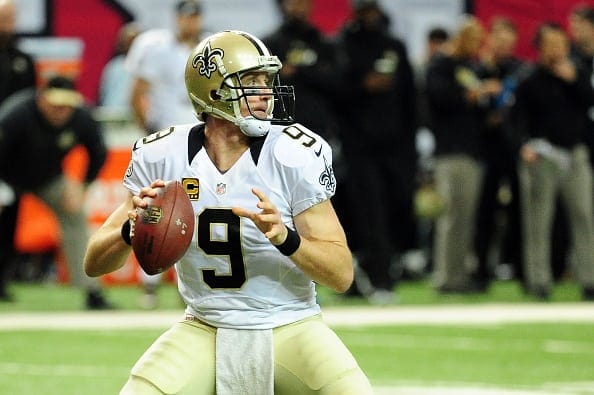ATLANTA, GA - JANUARY 03:  Drew Brees #9 of the New Orleans Saints drops back to pass during the first half against the Atlanta Falcons at the Georgia Dome on January 3, 2016 in Atlanta, Georgia.  (Photo by Scott Cunningham/Getty Images)