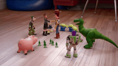 Sora, Goofy, and Donald Meeting the Toy Story Characters